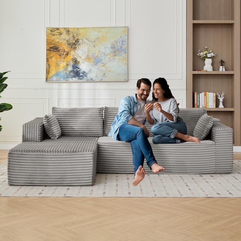 Boneless L-shaped Sectional Sofa with Chaise, Modular Sleeper Sofa Bed Corduroy Compression Deep Seat Sectional Couch