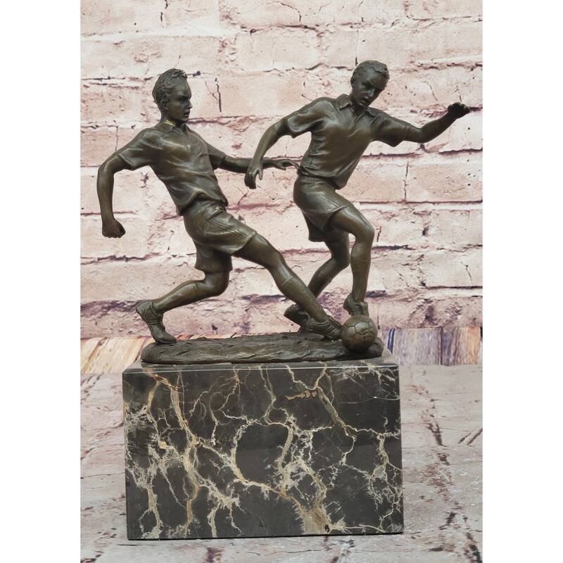 Bronze Soccer Players Sculpture – Dynamic Dual-Player Figurine On Marble Base