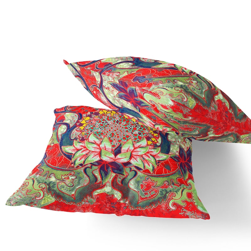 HomeRoots Set of Two 16" X 16" Green and Red Blown Seam Floral Indoor Outdoor Throw Pillow - 16.00' X '16.00' X '5.00