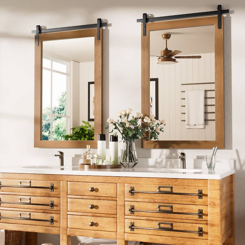 Farmhouse Barn Door Solid Wood Frame Bathroom Vanity Wall Mirror