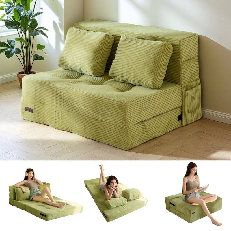 Corduroy Convertible Sofa Bed,Floor Sleeper Sofa - 14.5" x 21.2" - Green
