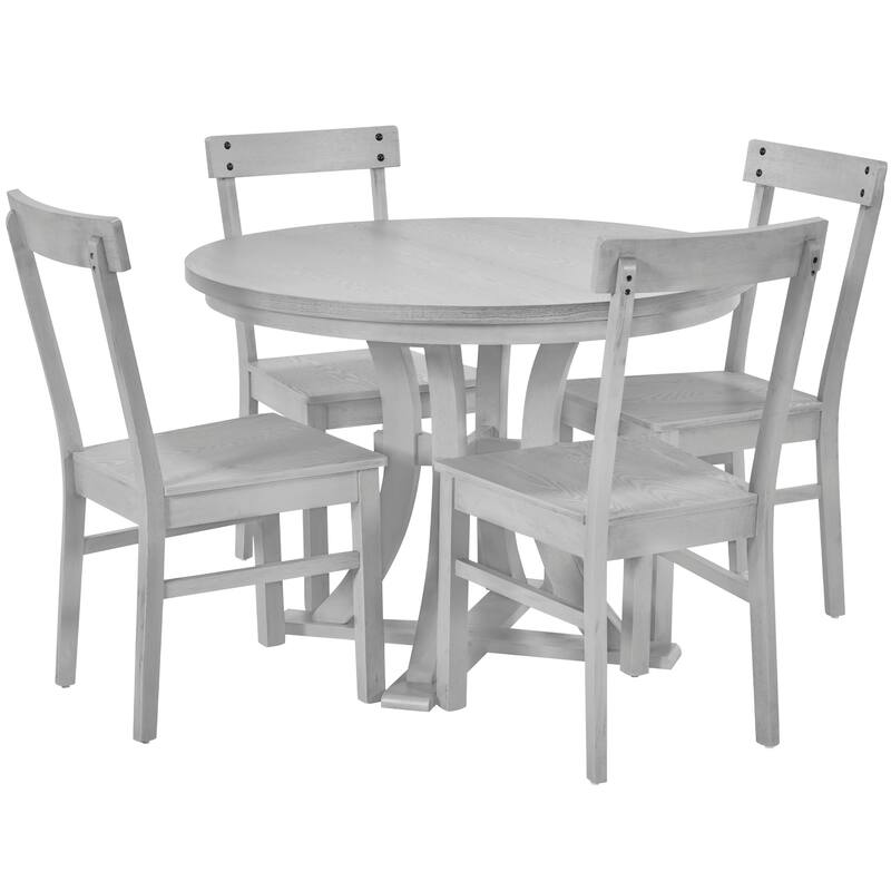 5-Piece Rustic Round Pedestal Extendable Dining Table Set with 15.7" Removable Leaf and Simple Dining Chirs for Small Places