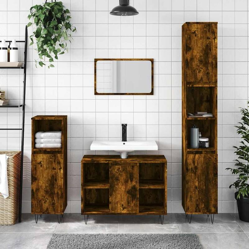 vidaXL Bathroom Cabinet Smoked oak Engineered wood Tall Bathroom Cabinet - 11.8 x 11.8 x 39.4 in