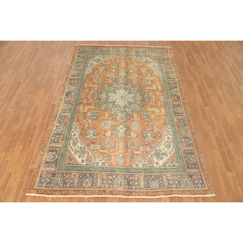 Hand Knotted Oriental 100% Wool Carpet Traditional Floral Oranges & Rust Tabriz Area Rug - 9' 5'' X 6' 0''