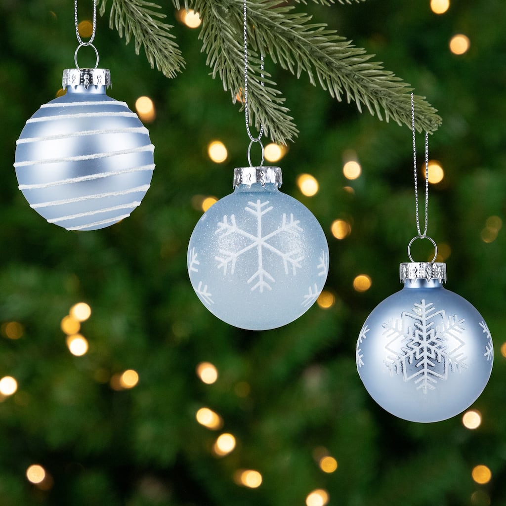 12ct Light Blue Glitter Textured Glass Christmas Ball Ornaments 1.75"