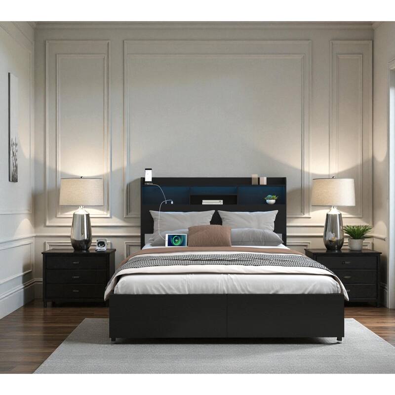 Bed Frame with 6 Storage Drawers, LED Headboard Shelf, Fast Charging Station, Heavy Duty Metal Platform No Box Spring Needed