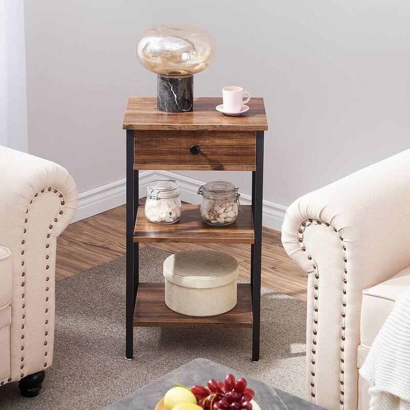 VECELO Set of 2 Modern Nightstands with Drawer & Open Shelves Slim Bedside Table for Small Space Bedroom and Living Room