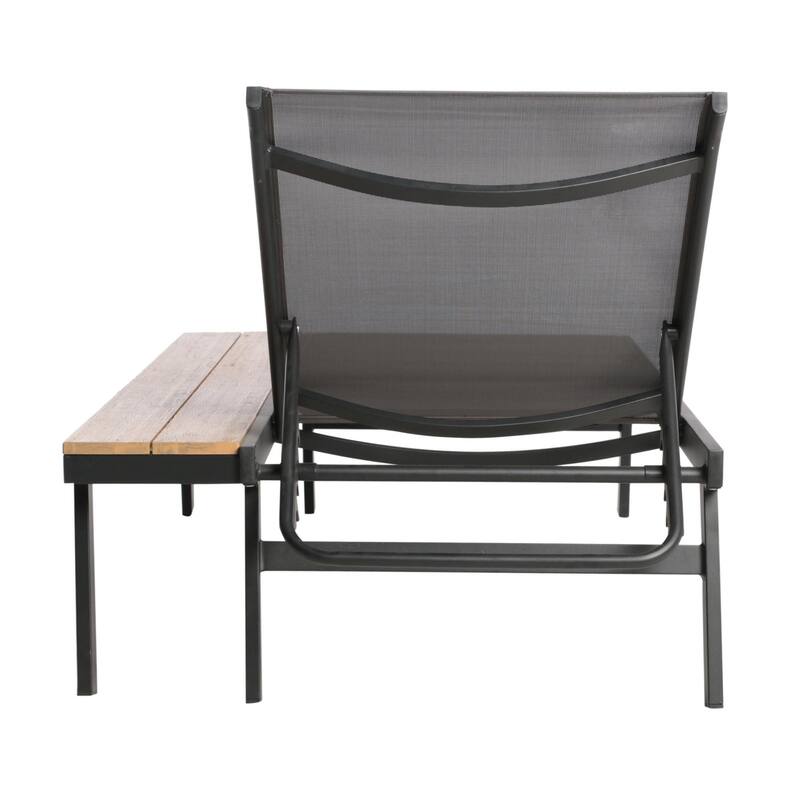 Outdoor chaise lounge with mesh seating with wooden side table