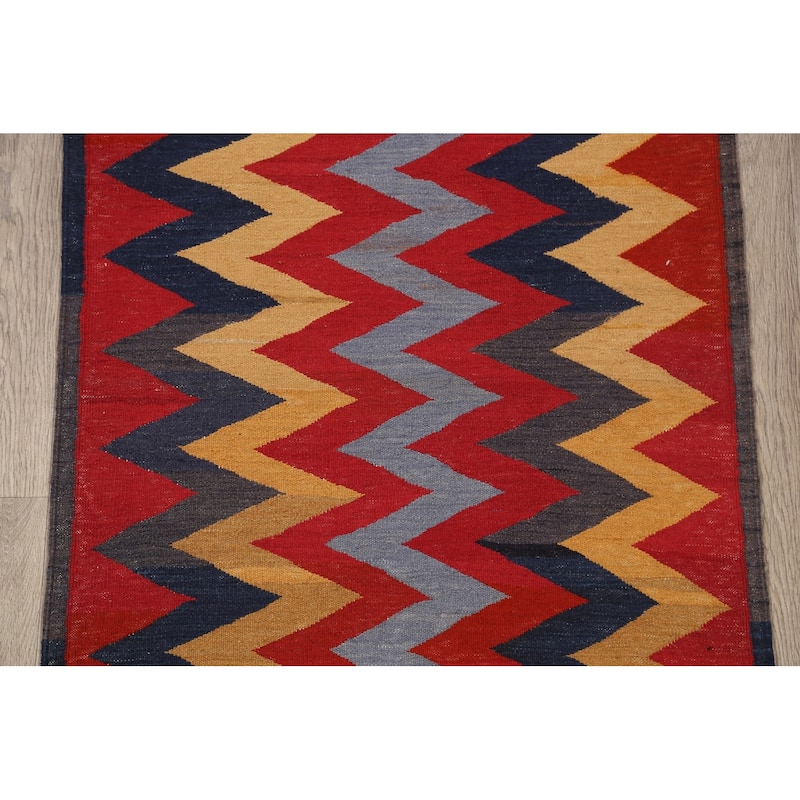 Geometric Chevron Kilim Oriental Area Rug Hand-woven Wool Carpet - 3'1" x 6'3"
