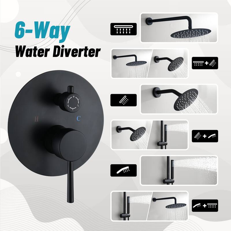 3-Spray Round 10 and 6 in. Dual Wall Mount Fixed and Handheld Shower Head in Matte Black, Valve Included - 10" x 10"