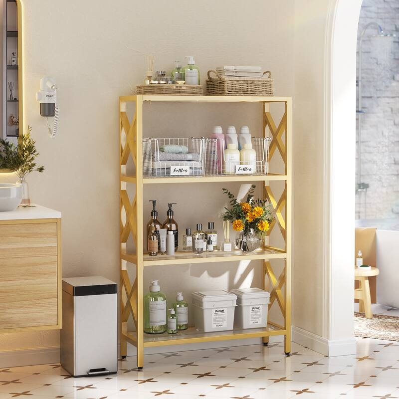 Modern Gold Bookshelf with Tempered Glass Shelves, 3-5 Tires Display Storage Shelving