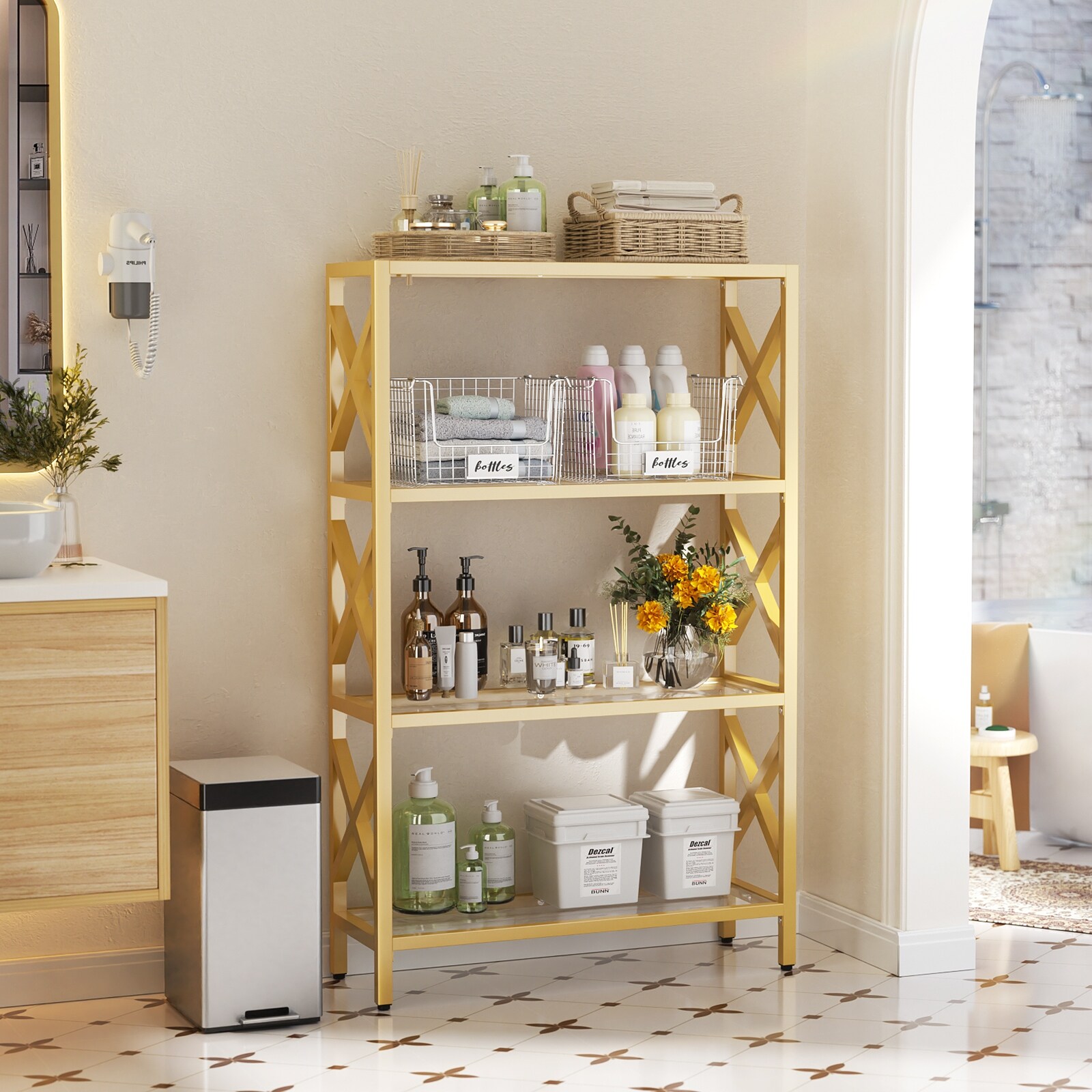 Modern Gold Bookshelf with Tempered Glass Shelves, 3-5 Tiers