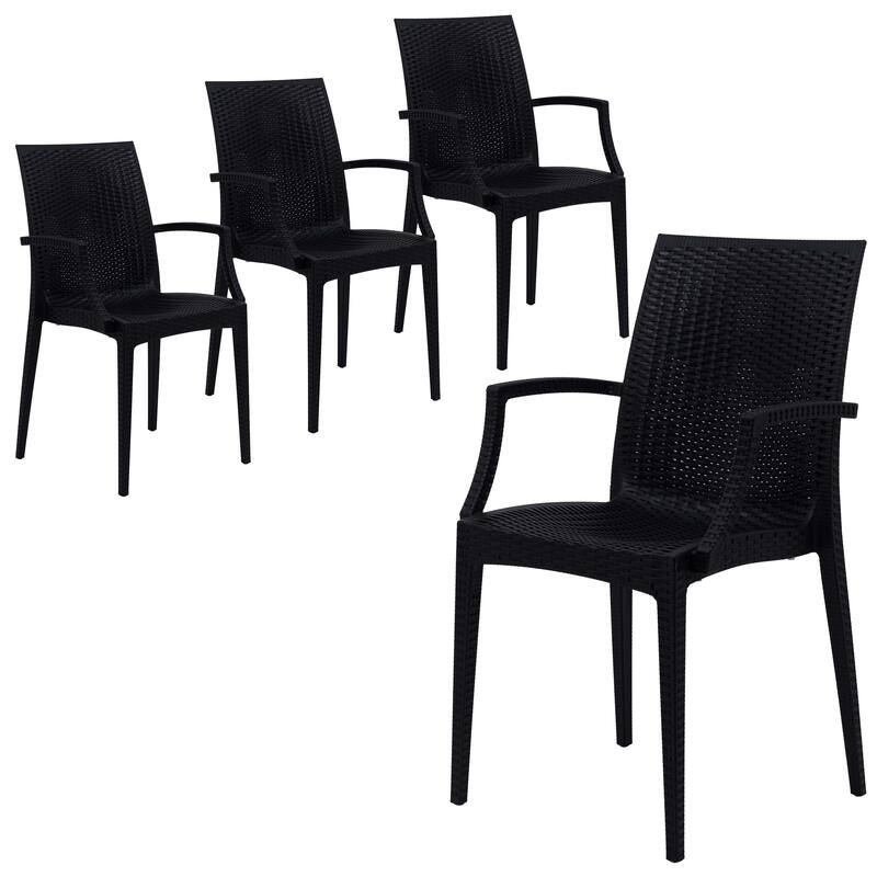 Mace Modern Textured Woven Style Outdoor Stackable Dining Arm Chair with UV Resistant for Patio or Garden Set of 4 - Black