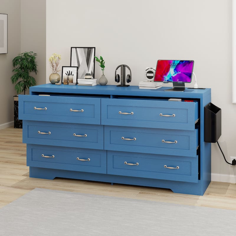 Vintage 6 Drawers Double Dresser Chest of Drawers with Charging Station