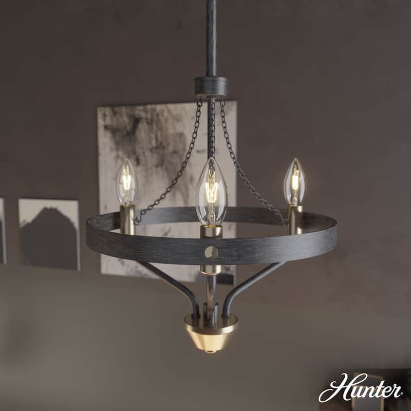 Hunter Merlin Geometric Metal Chandelier - Foyer, Dining Room, Living Room - Industrial, Contemporary - 12" 3 Light - Rustic Iron-Alturas Gold
