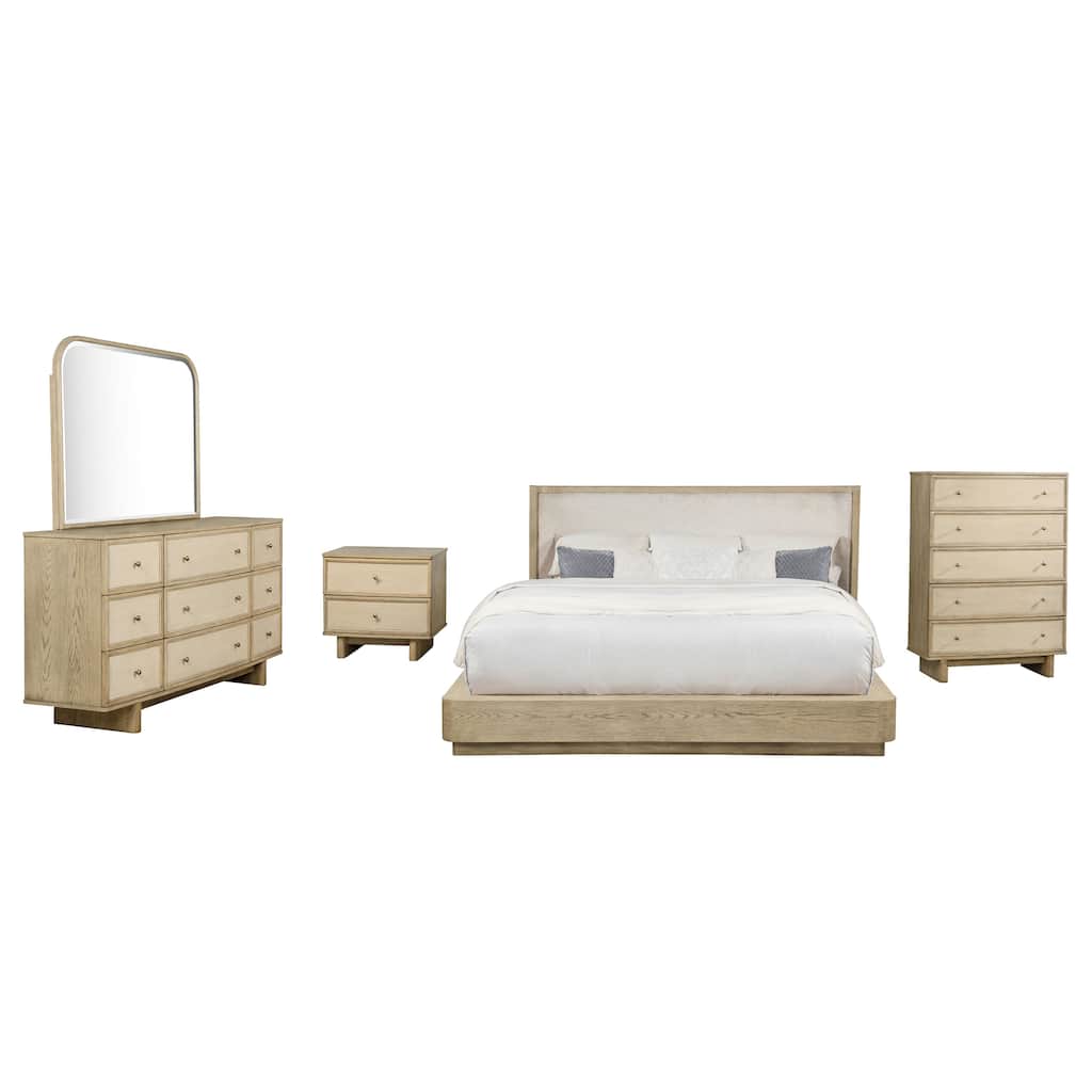 Lno 5pc Queen Bedroom Set, Resin Cane, Beige Oak, Beige Upholstery