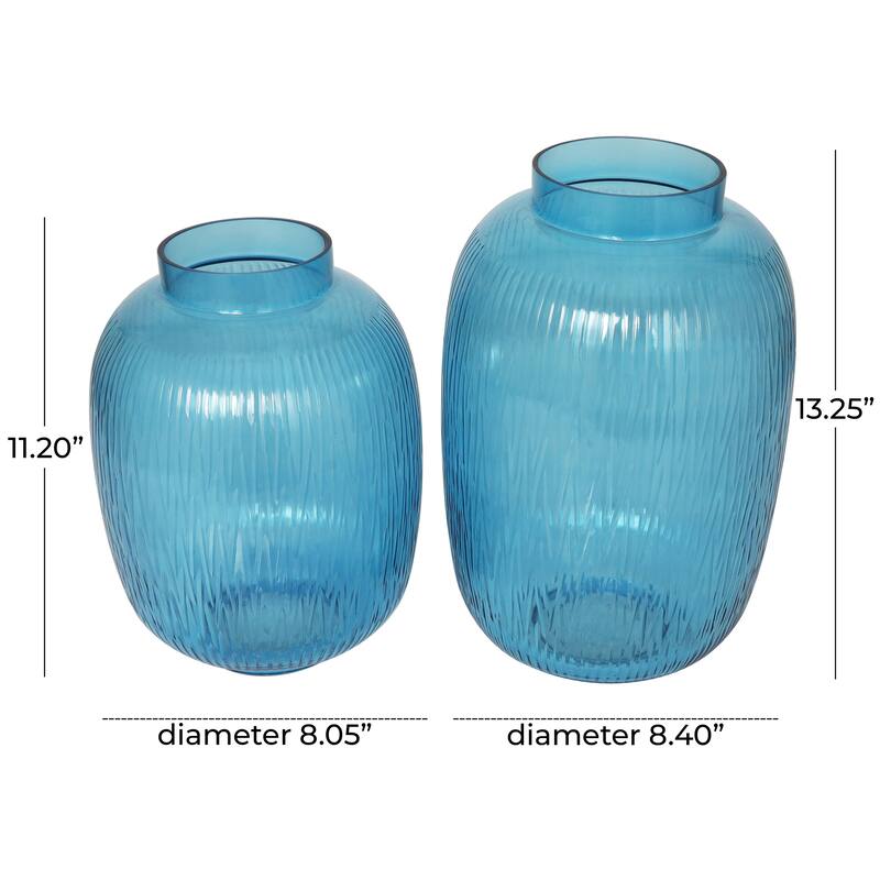 Blue Glass Ribbed Decorative Vase (Set of 2)