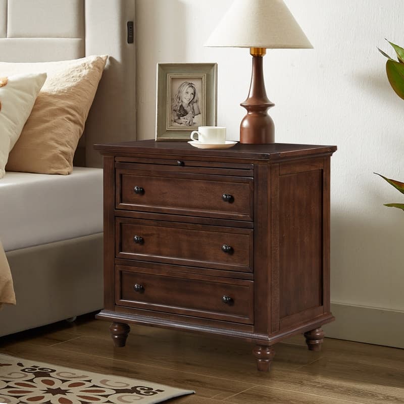 Farmhouse 3-Drawers Wood Nightstands with Pull Out Tray and Solid Wood Legs