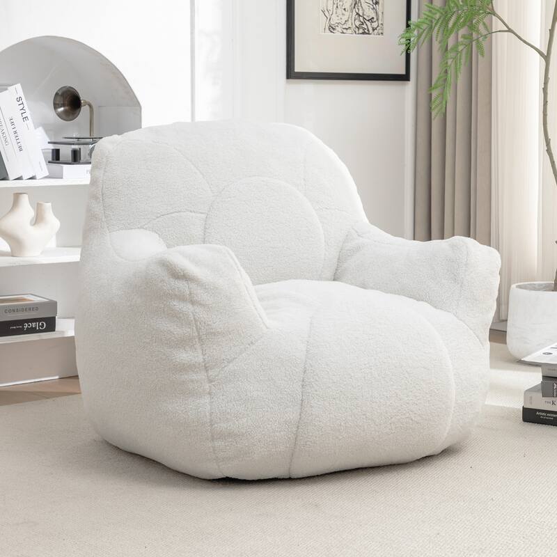 Teddy Tufted Bean Bag Chair with Memory Foam Filler, Lazy Sofa with Armrests, Adults Floor Sofa for Apartment Living Room - White