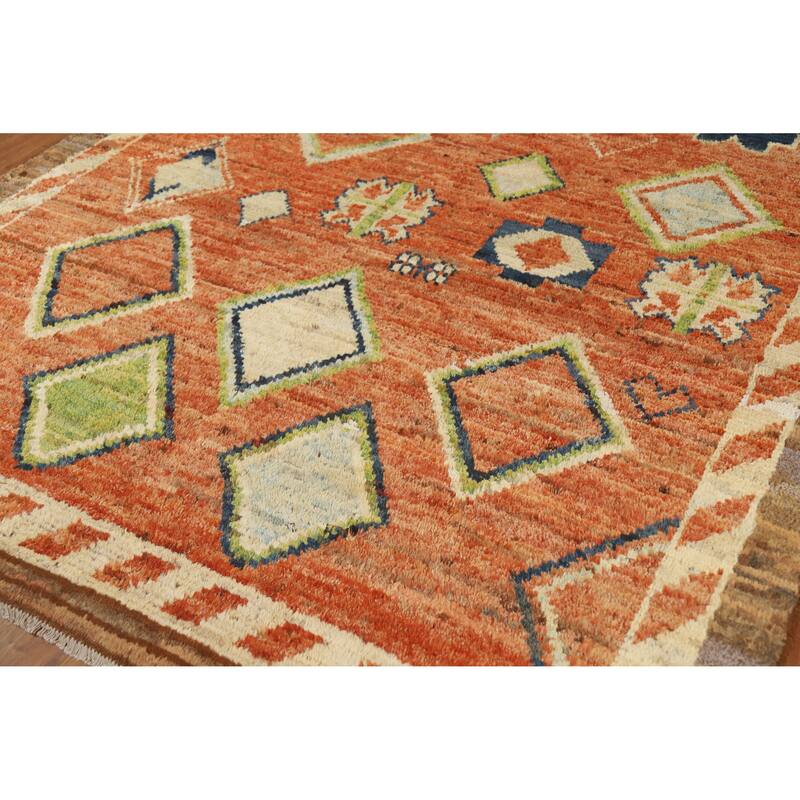 Moroccan Oriental Area Rug Handmade Orange Geometric Wool Carpet - 6'10" x 9'9"