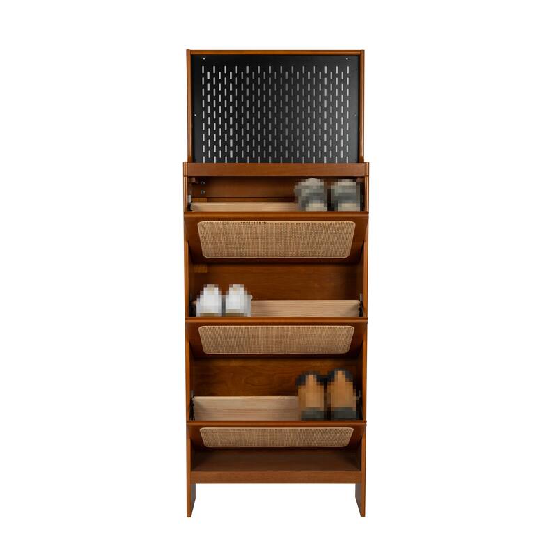 Rattan Shoe Storage Cabinet, Freestanding Shoe Rack Organizer, Hidden Narrow Shoe Cabinet with 3 Flip Drawers & Black Pegboard