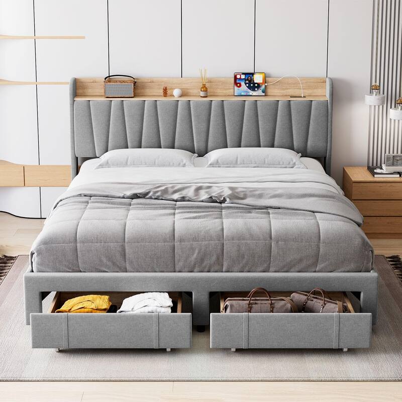 Upholstered Platform Bed with Storage Headboard, Drawer & Charging Station, Wood Slat Support