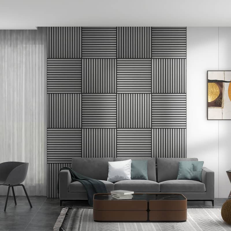 HOMCOM 4 Pack 3D Faux Wood Wall Panels, 24" x 24" Sound Absorbing Acoustic Panels, Wood Slat Wall Panels for Interior Wall Decor - Grey
