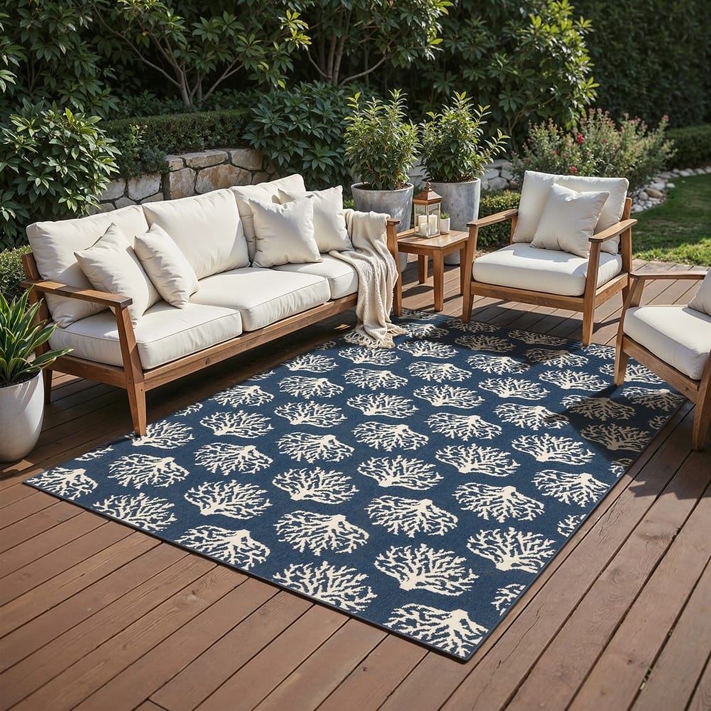 Miramar Coastal Coral Navy/ Ivory Indoor/Outdoor Area Rug