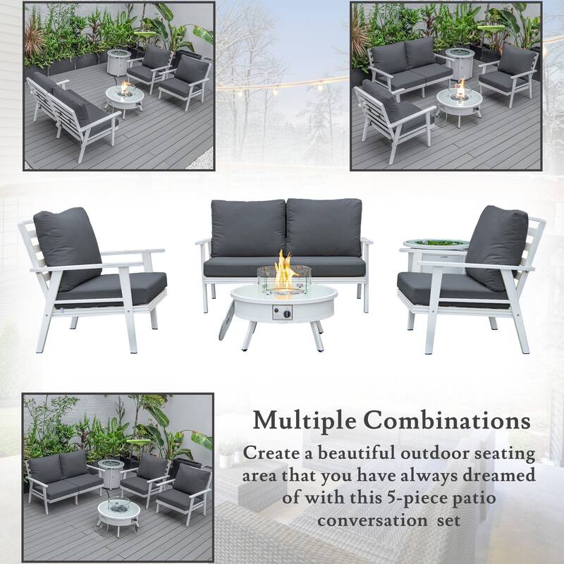 Walbrooke Modern 5-Piece Outdoor Aluminum Outdoor Conversation Set with Polyester Cushions, Fire Pit Table and Ctystal Stones