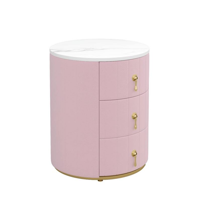 Upholstered Nightstand with 3 Drawers, Round Bedside Table with Metal Handles, Marbling Stickers Top Night Table for Bedroom