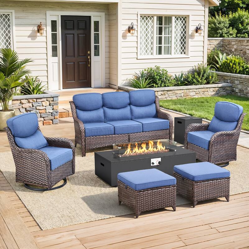 Pocassy 43" Fire Pit w/ Outdoor Sofa Swivel Chair Ottoman Set - Brown Wicker Blue Cushion - 6PCS Fire Table w/ 6-In Sofa Swivel Chair Ottoman