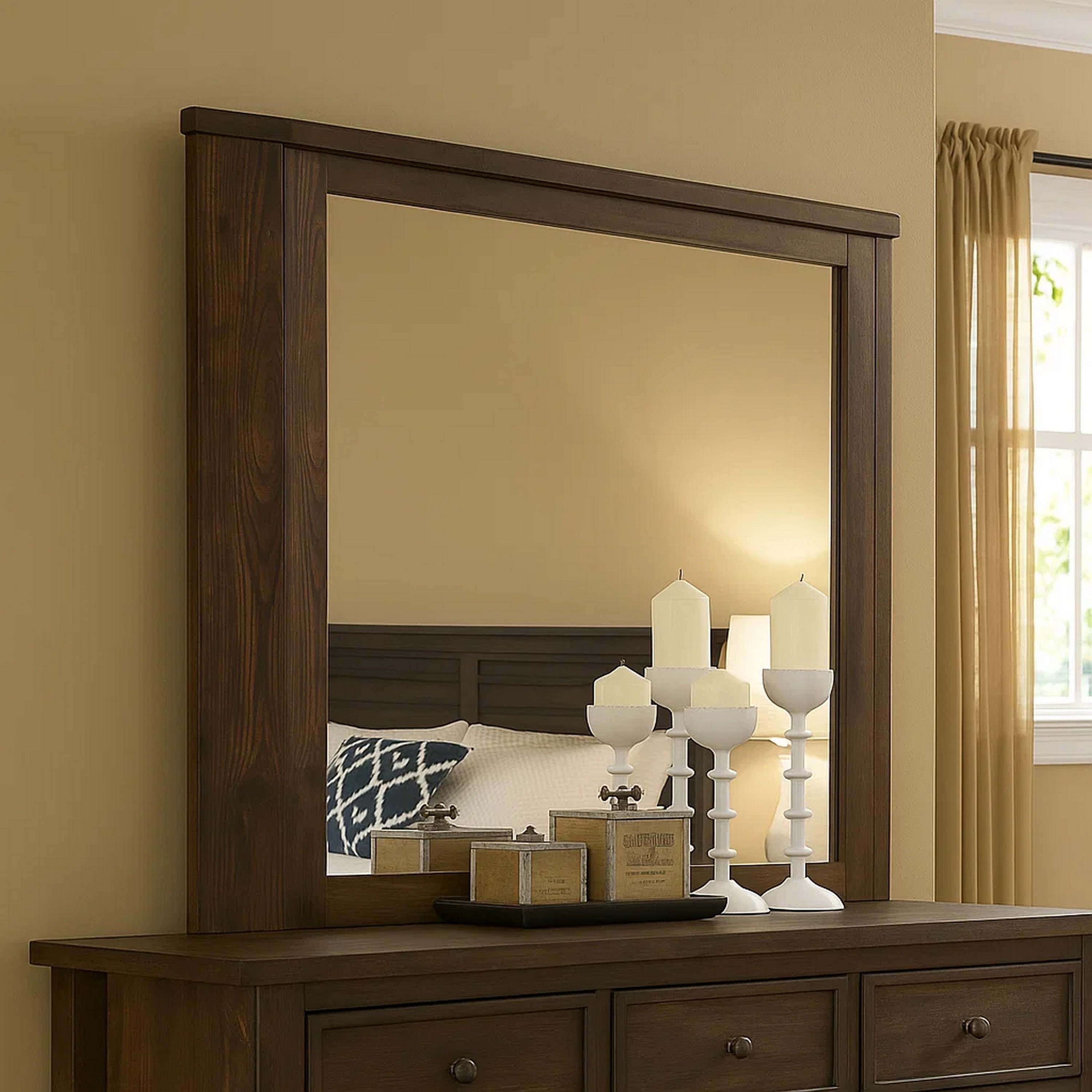 STYLE JUMBO MIRROR ダークブラウン Transitional Style Wooden Decorative Mirror with Grooved Panels