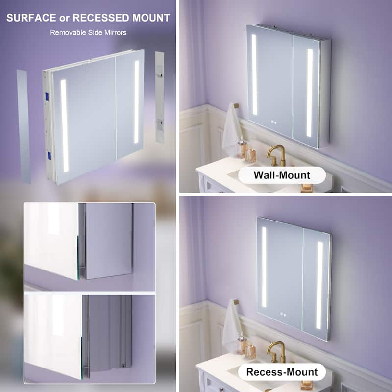 Recessed or Surface 30" H LED Mirror Cabinet with Adjustable Glass Shelves,Defogger, Dimmer And Outlets & USB Ports