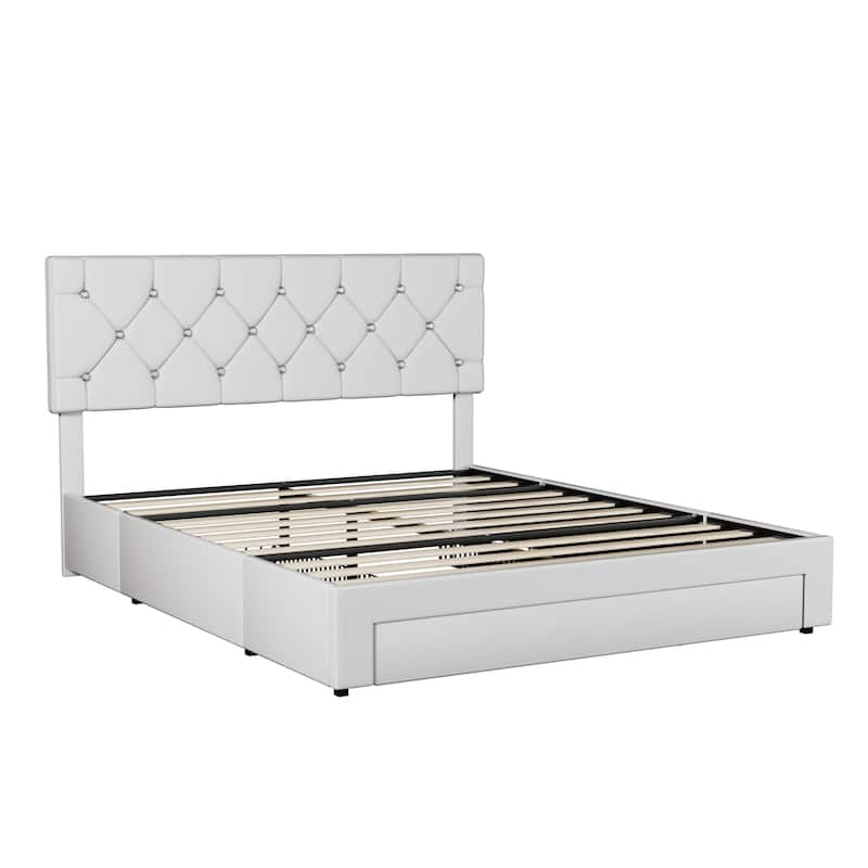 Javlergo Twin/Full/Queen Size Bed Frame with Headboard Upholstered Tufted LED Platform Bed Frame with 4 Storage Drawers