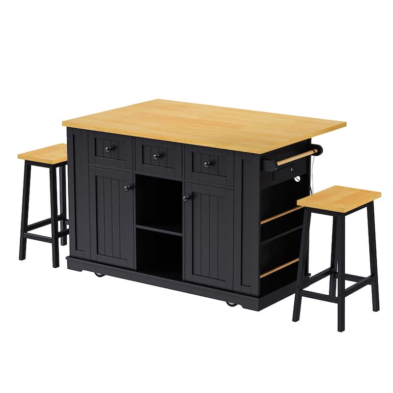 Roomfitters Kitchen Island Cart with 2 Bar Stools and Power Outlet