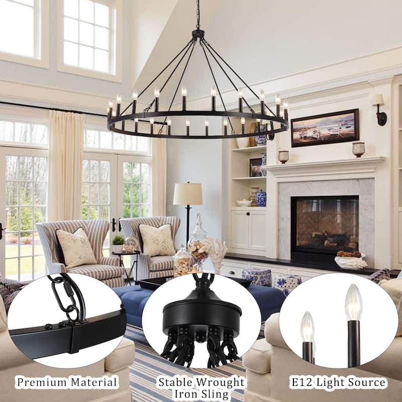 24-Light 51.97-inch Dimmable Round Wagon Wheel Chandelier for Dining Room