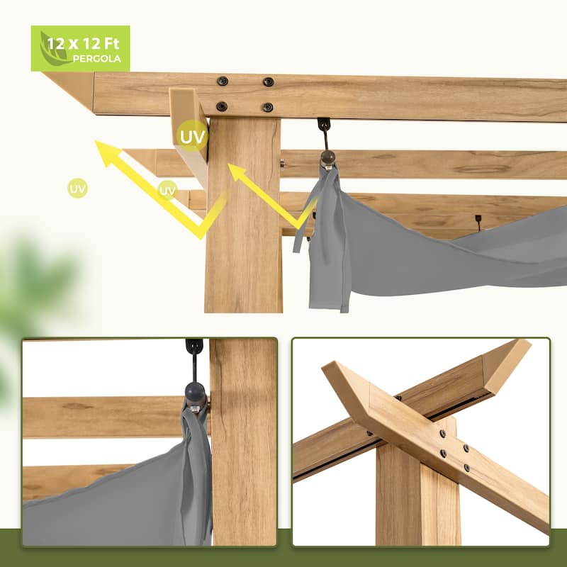 12 ft. x 12 ft. Wood Grain Aluminum Outdoor Pergola with Retractable Shade Canopy