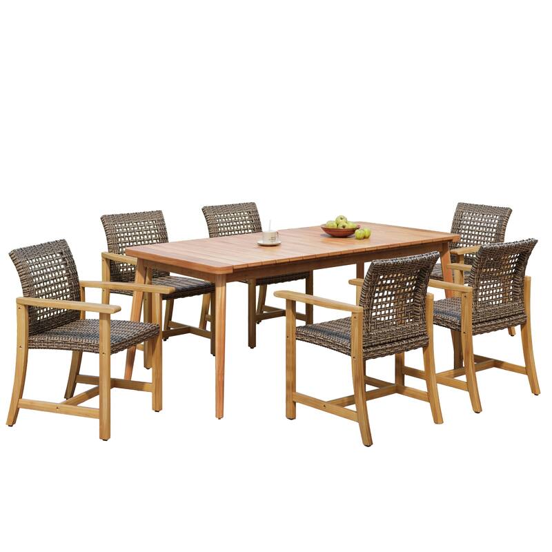 Roomfitters 7-Piece Outdoor Dining Set, Acacia Wood Patio Table and 6 Wicker Armchairs for Garden Backyard