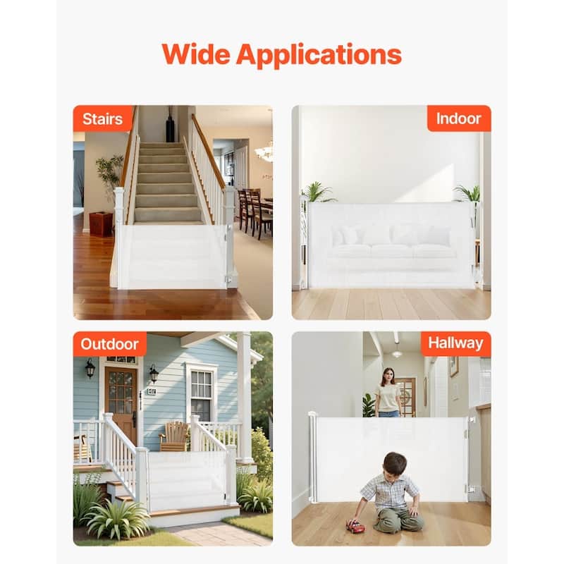 Retractable Baby Gate with Escape-Proof Bottom Hook and Mesh Design for Kids and Pets Safety
