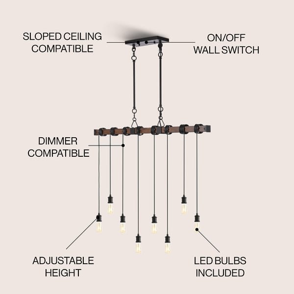 dimension image slide 1 of 2, Zoey 40" 8-Light Vintage Driftwood Iron LED Linear Chandelier with Height Adjustable Bulbs, Brown Wood/Black , by JONATHAN Y