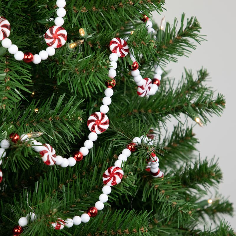 9' Red and White Peppermint Candy Beaded Christmas Garland Unlit