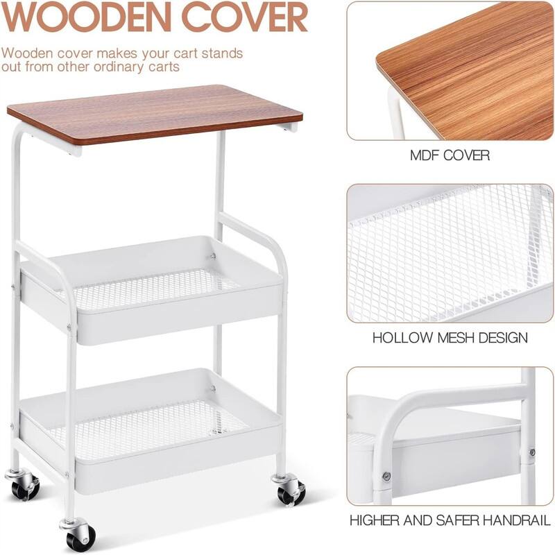 Utility Cart with Wooden Table Top 3 Tier Metal Rolling Storage Cart - 16"D x 8"W x 28"H