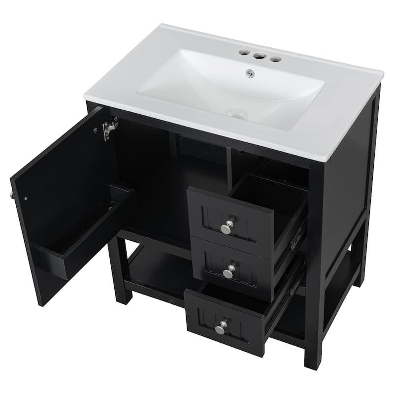 Bathroom Vanity with Ceramic Sink, Freestanding Bathroom Vanity with Soft Close Door, Solid Wood Sink Cabinet with Open Shelf