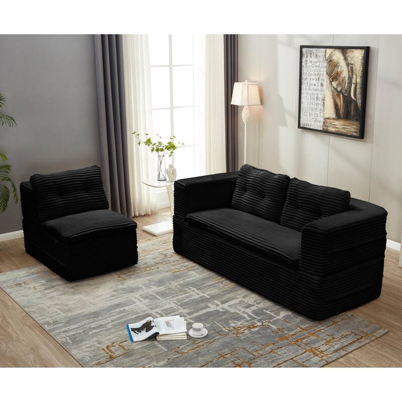 Convertible Floor Sofa Bed with Chaise Lounge, Corduroy 3-in-1 Sofa, Sofa to Bed with Dual-Purpose Blanket, No Assembly Required