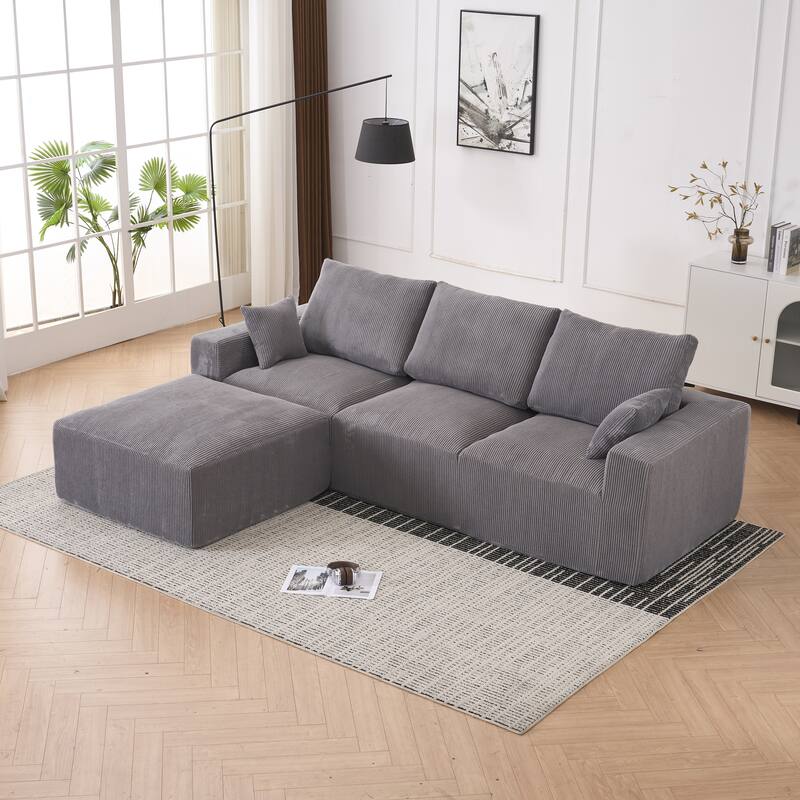 Corduroy Modular Chaise Lounge Couch L-shaped Sectional Sofa with Ottoman and Cushions Back, Full Foam Convertible 3 Seater Sofa - Grey