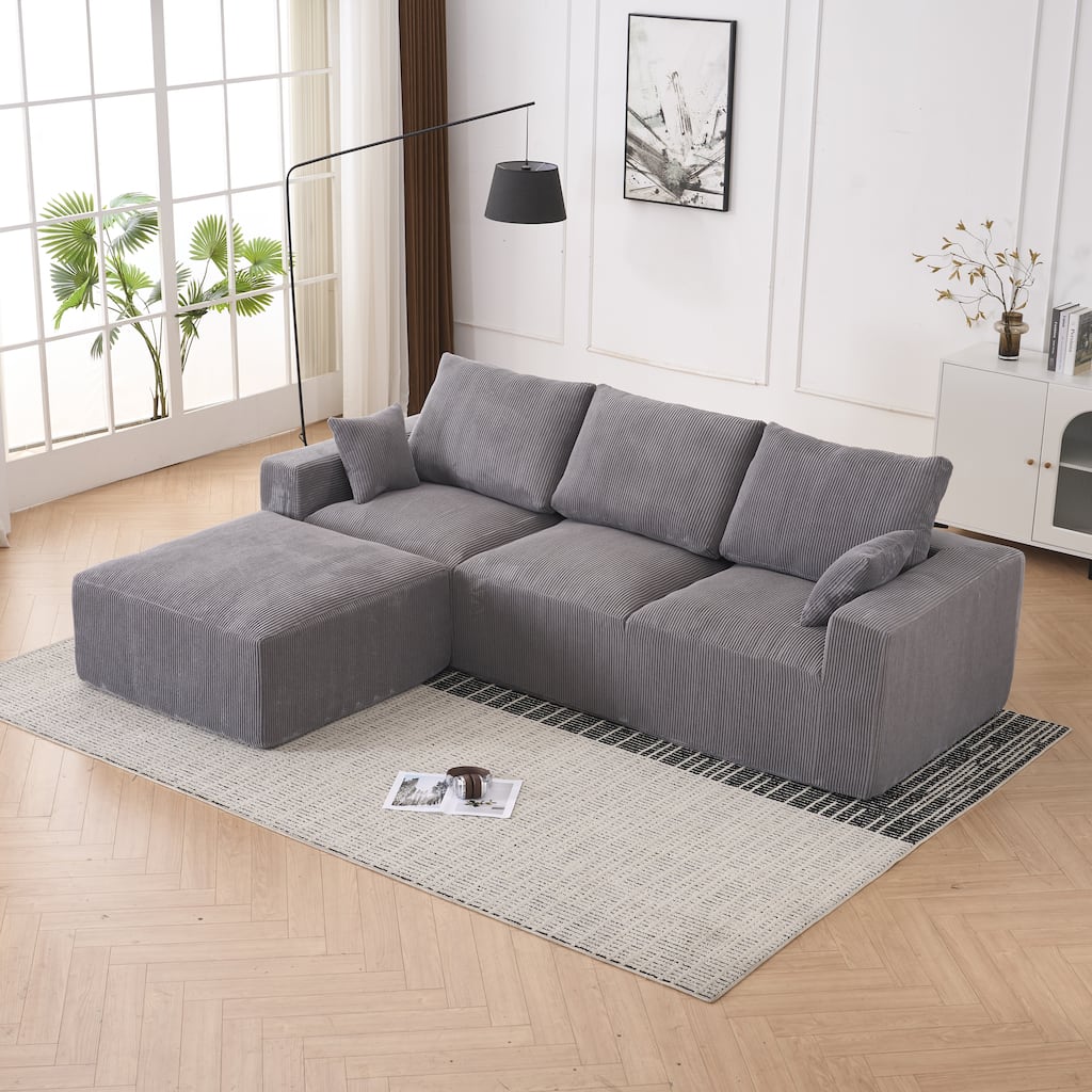 Corduroy Modular Chaise Lounge Couch L-shaped Sectional Sofa with Ottoman and Cushions Back, Full Foam Convertible 3 Seater Sofa