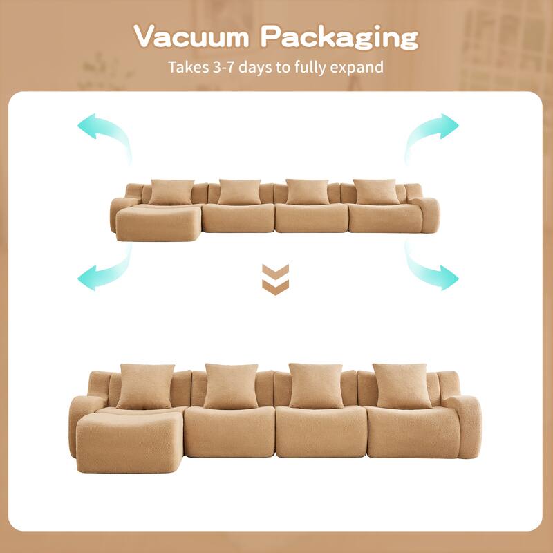 Anmytek Modern Plush L-Shaped 4-Seat Chaise Boneless Sofa - Teddy Fabric, 32D High Density Sponge, No Assembly