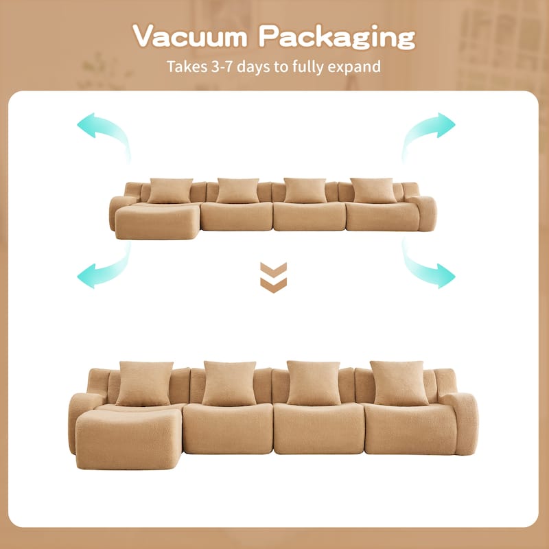 Oversized Sectional Sofa with Ottoman for Living Room, 118" Modern Floor Teddy Fabric Sofa L-Shape Couch with 4 Throw Pillows