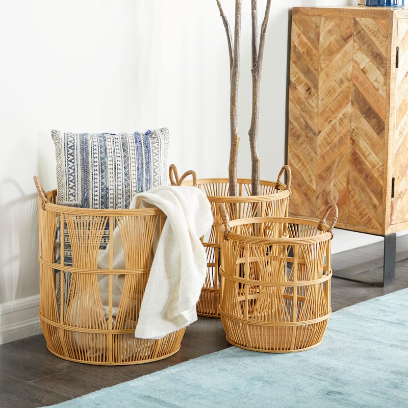 Wood Handmade Storage Basket with Handles - Set of 3 Brown - Roche River Decor - 16"W x 17"L x 19"H