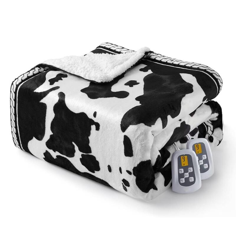 Cow Print 10 Heat Levels Electric Heating Blanket, Machine Washable, Black+White - 50"*60"